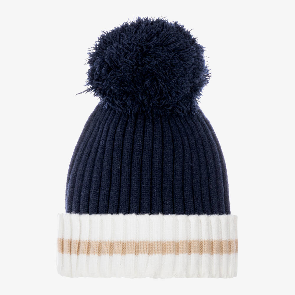 Mitch & Son-Boys Navy Blue & White Knitted Bobble Hat | Childrensalon