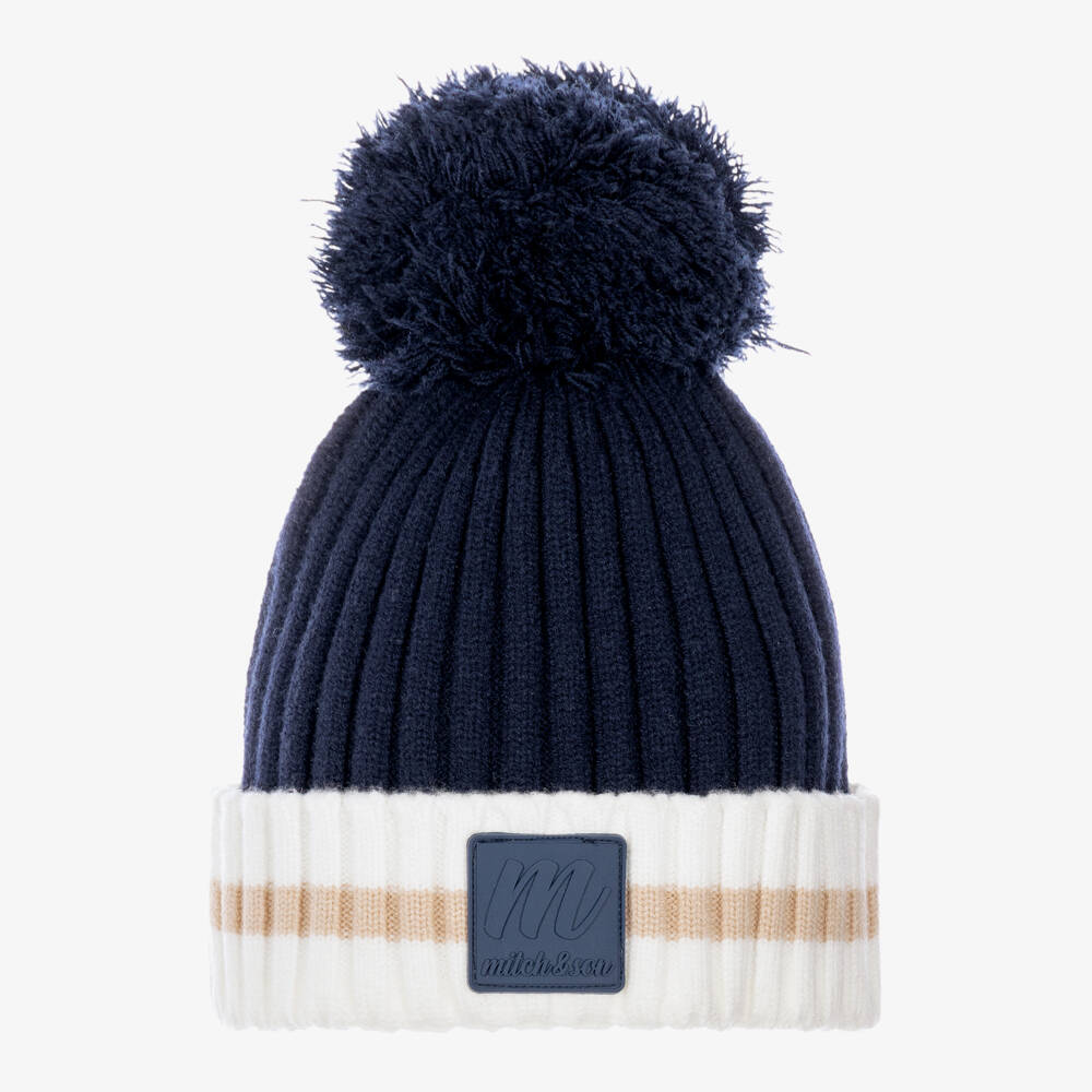 Mitch & Son-Boys Navy Blue & White Knitted Bobble Hat | Childrensalon