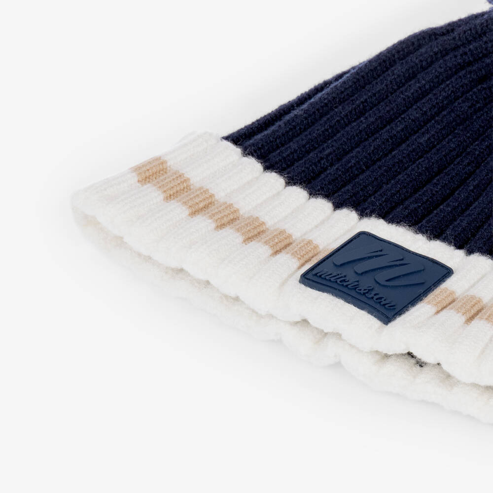 Mitch & Son-Boys Navy Blue & White Knitted Bobble Hat | Childrensalon