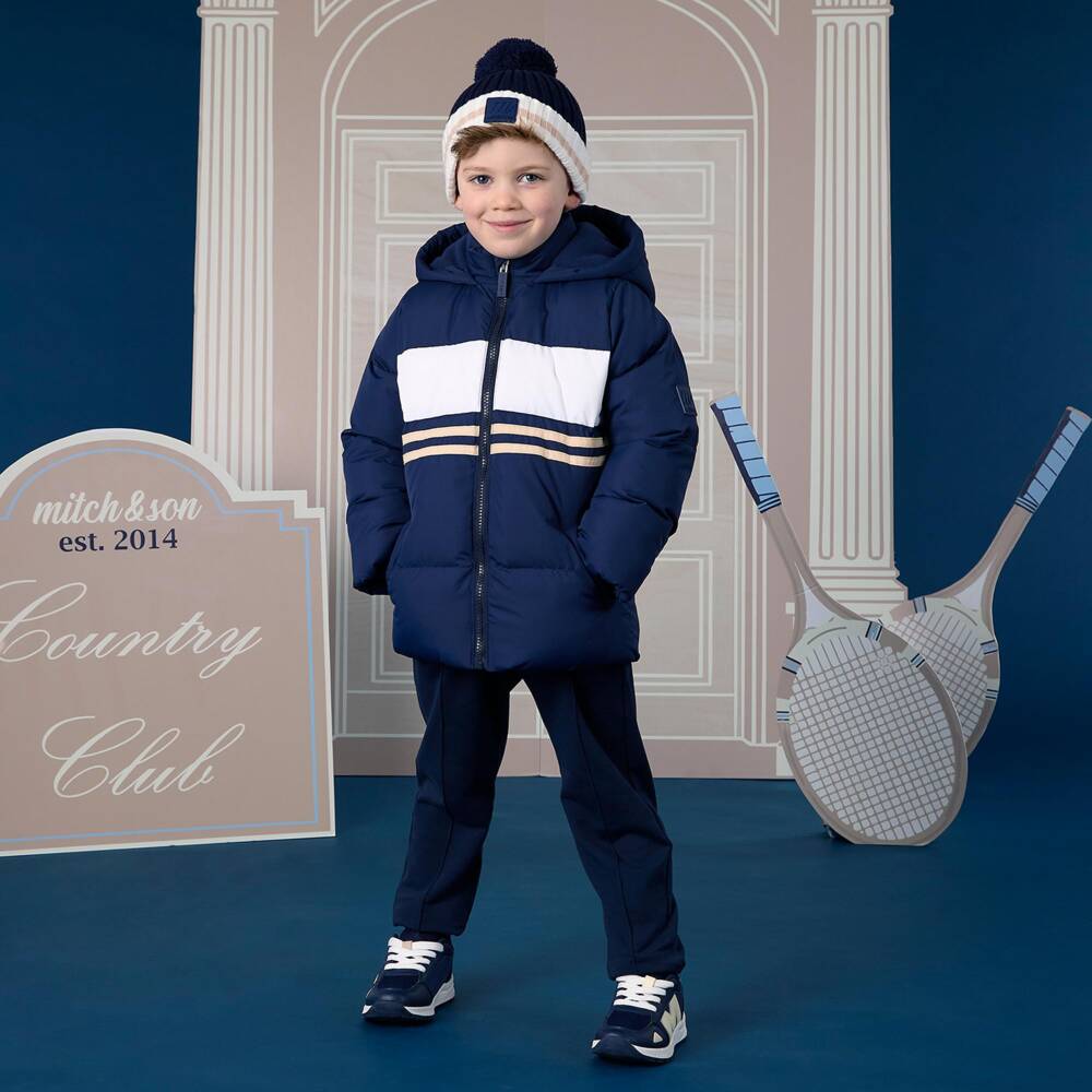 Mitch & Son-Boys Navy Blue & White Puffer Jacket | Childrensalon