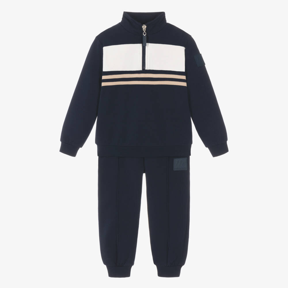 Mitch & Son-Boys Navy Blue & White Quarter Zip Tracksuit | Childrensalon