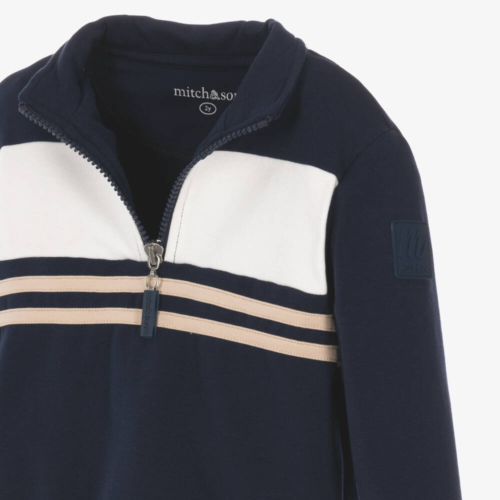 Mitch & Son-Boys Navy Blue & White Quarter Zip Tracksuit | Childrensalon
