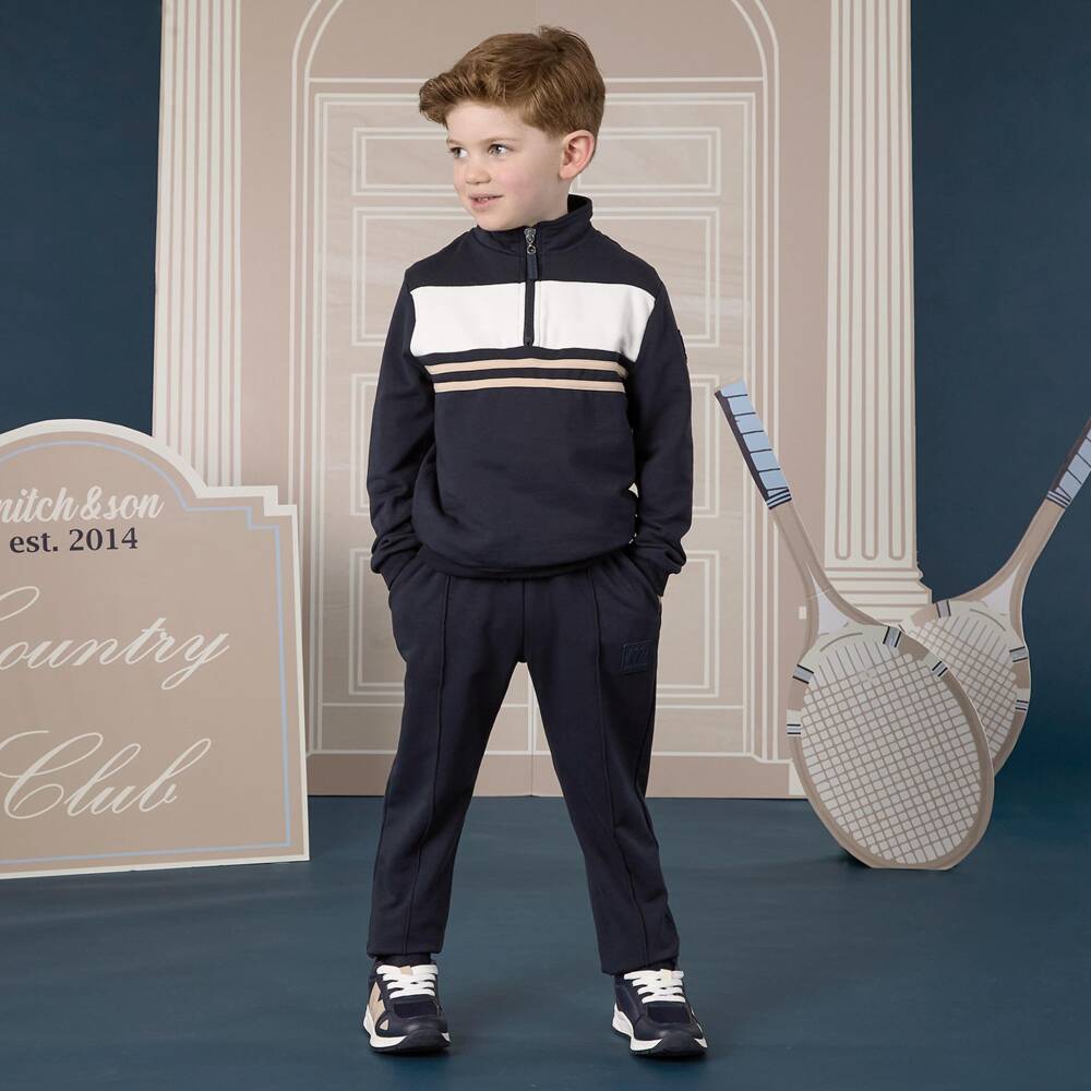 Mitch & Son-Boys Navy Blue & White Quarter Zip Tracksuit | Childrensalon