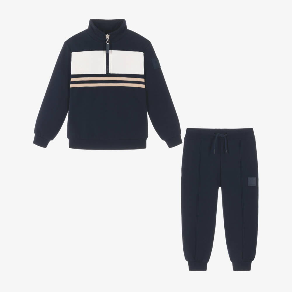 Mitch & Son-Boys Navy Blue & White Quarter Zip Tracksuit | Childrensalon