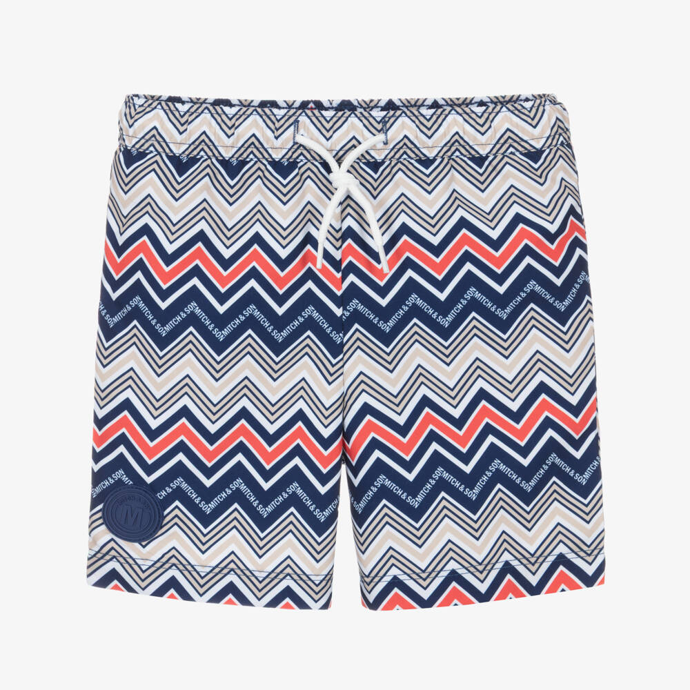 Mitch & Son-Boys Navy Blue Zigzag Pattern Swim Shorts | Childrensalon