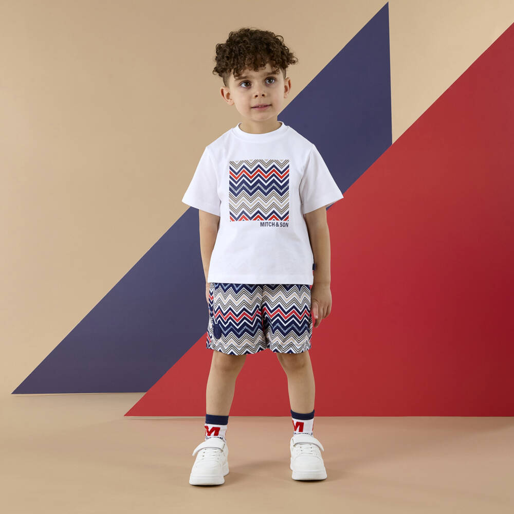 Mitch & Son-Boys Navy Blue Zigzag Pattern Swim Shorts | Childrensalon