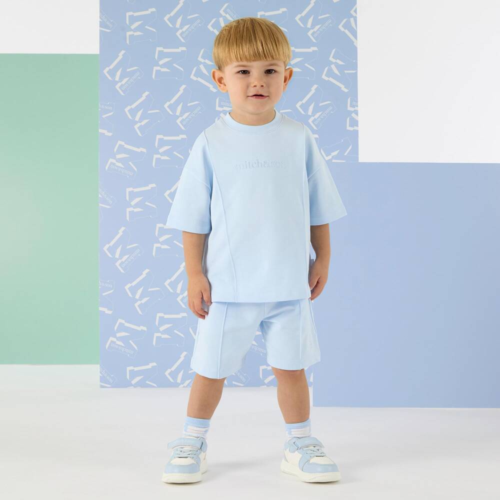 Mitch & Son-Boys Pastel Blue Cotton Shorts Set with Embroidered Logos | Childrensalon