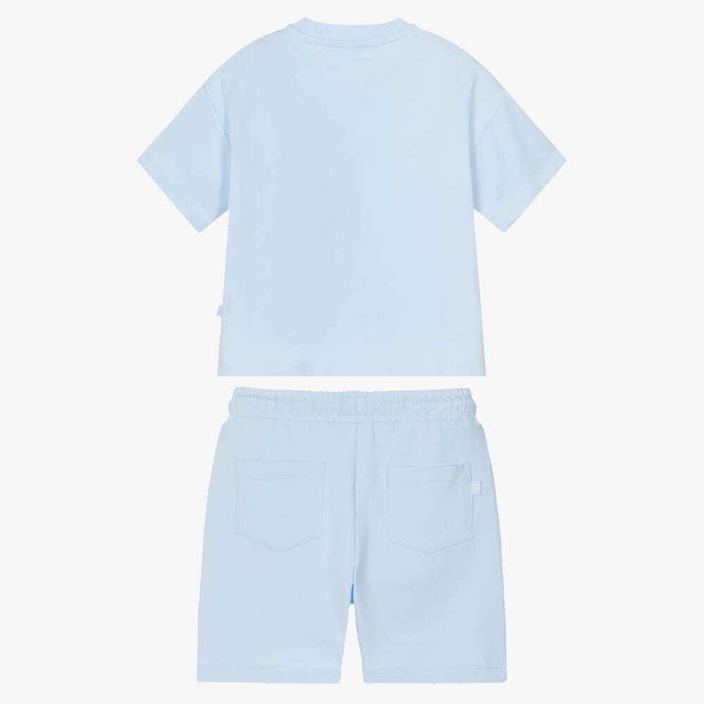 Mitch & Son-طقم شورت قطن مطرز بشعارات لون أزرق باستيل للأولاد | Childrensalon