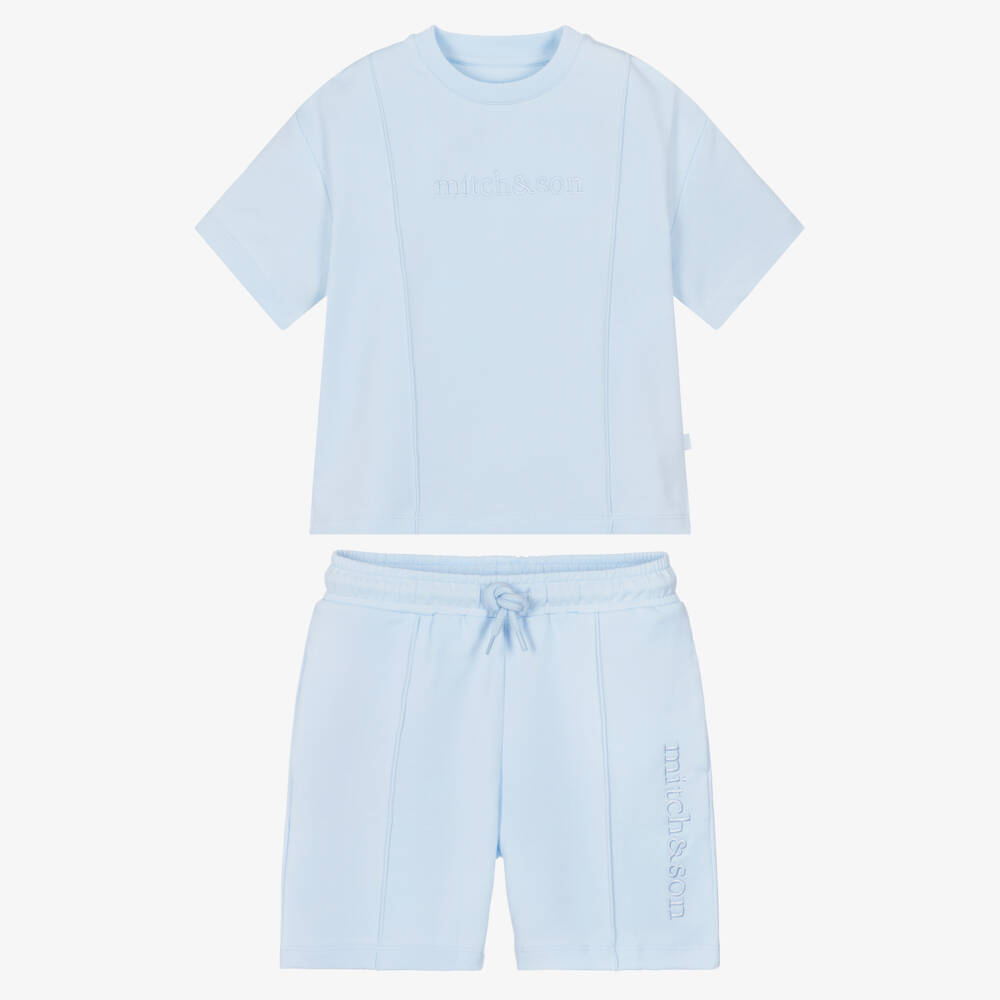 Mitch & Son-طقم شورت قطن مطرز بشعارات لون أزرق باستيل للأولاد | Childrensalon