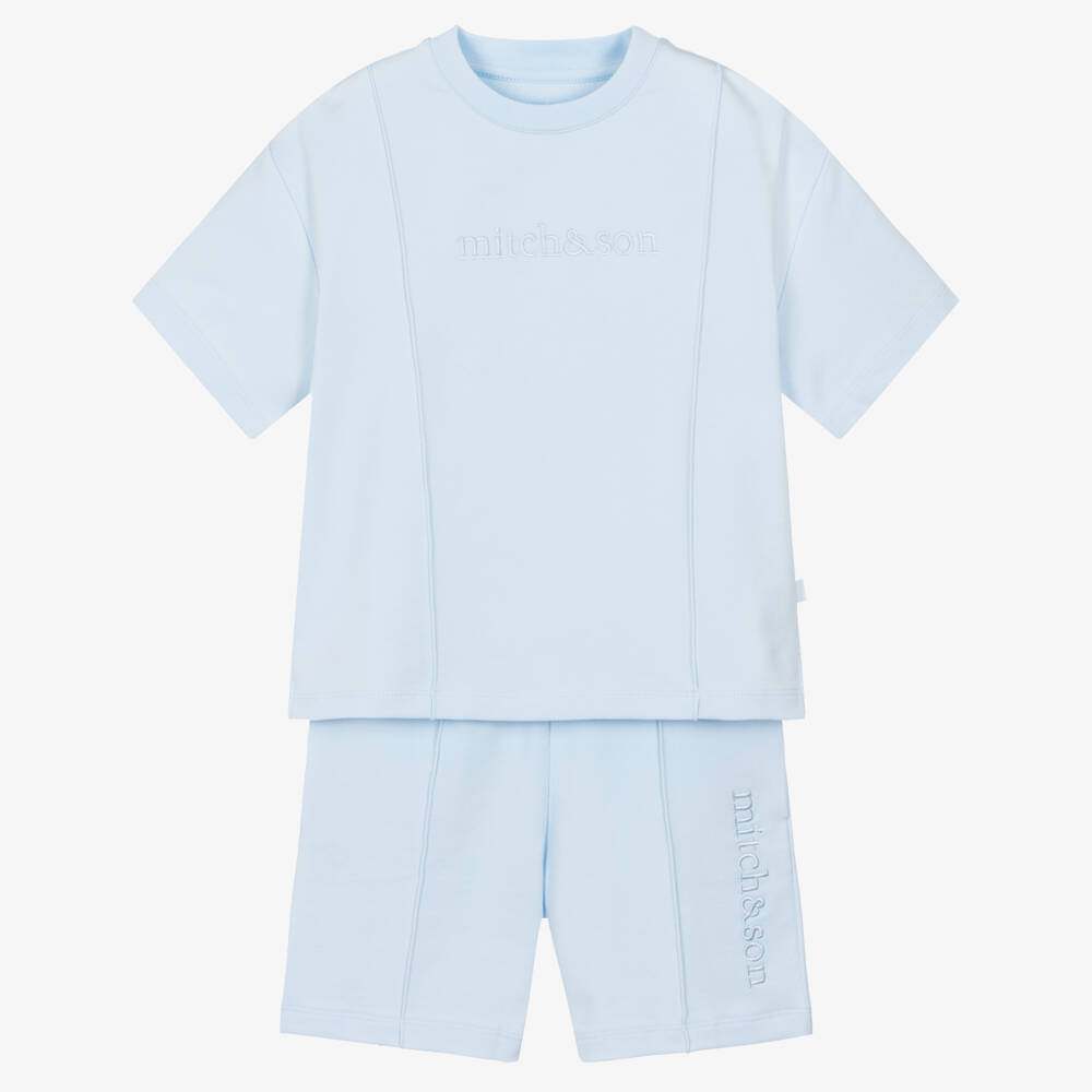 Mitch & Son-طقم شورت قطن مطرز بشعارات لون أزرق باستيل للأولاد | Childrensalon