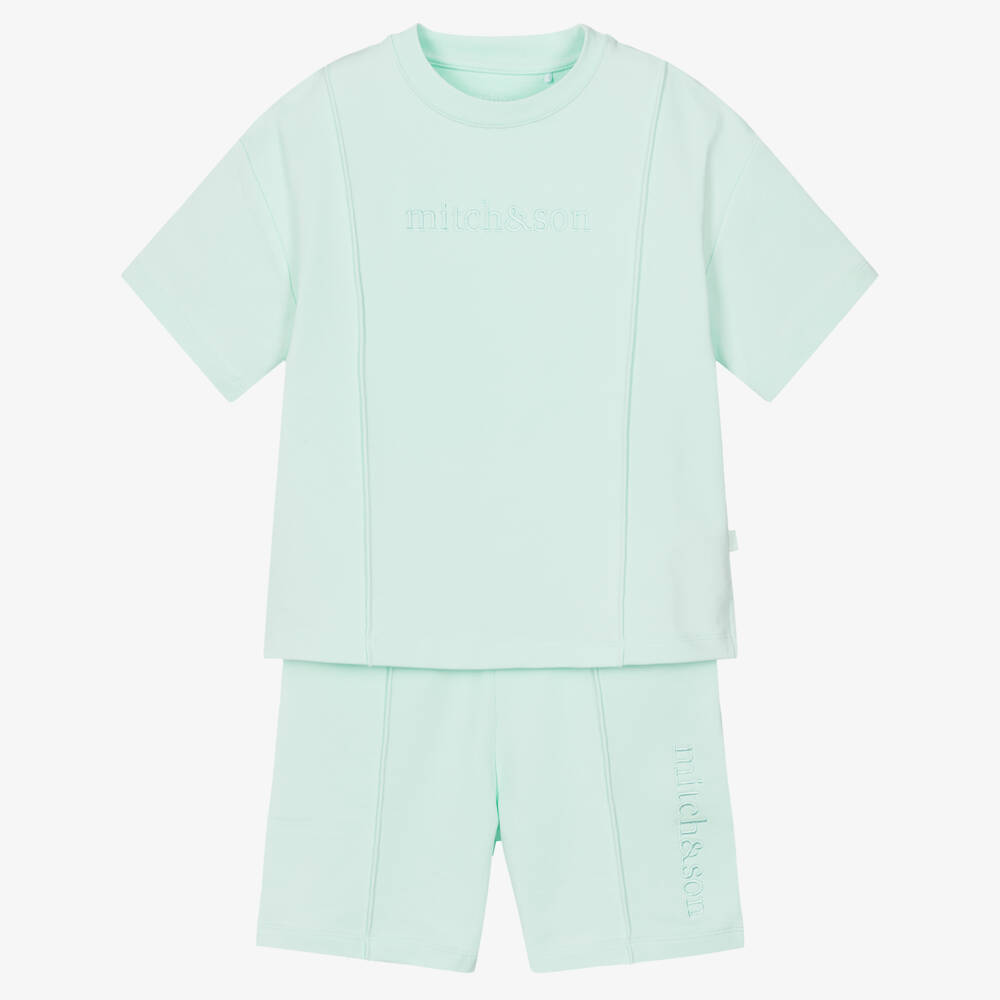 Mitch & Son-Boys Pastel Green Cotton Shorts Set with Embroidered Logos | Childrensalon