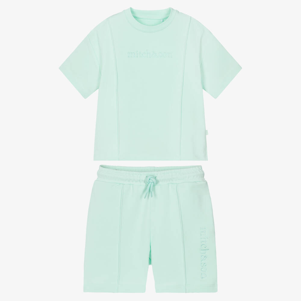 Mitch & Son-Boys Pastel Green Cotton Shorts Set with Embroidered Logos | Childrensalon