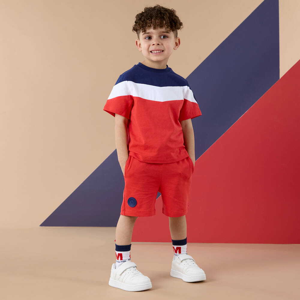 Mitch & Son-Boys Red Colourblock Cotton Jersey Shorts Set | Childrensalon