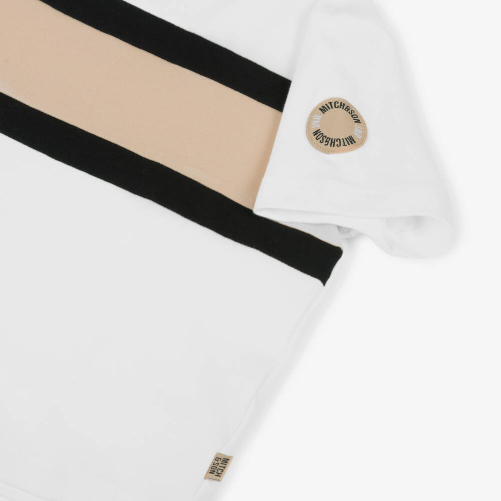 Mitch & Son-تيشيرت قطن مخطط لون بيج وأبيض للأولاد | Childrensalon