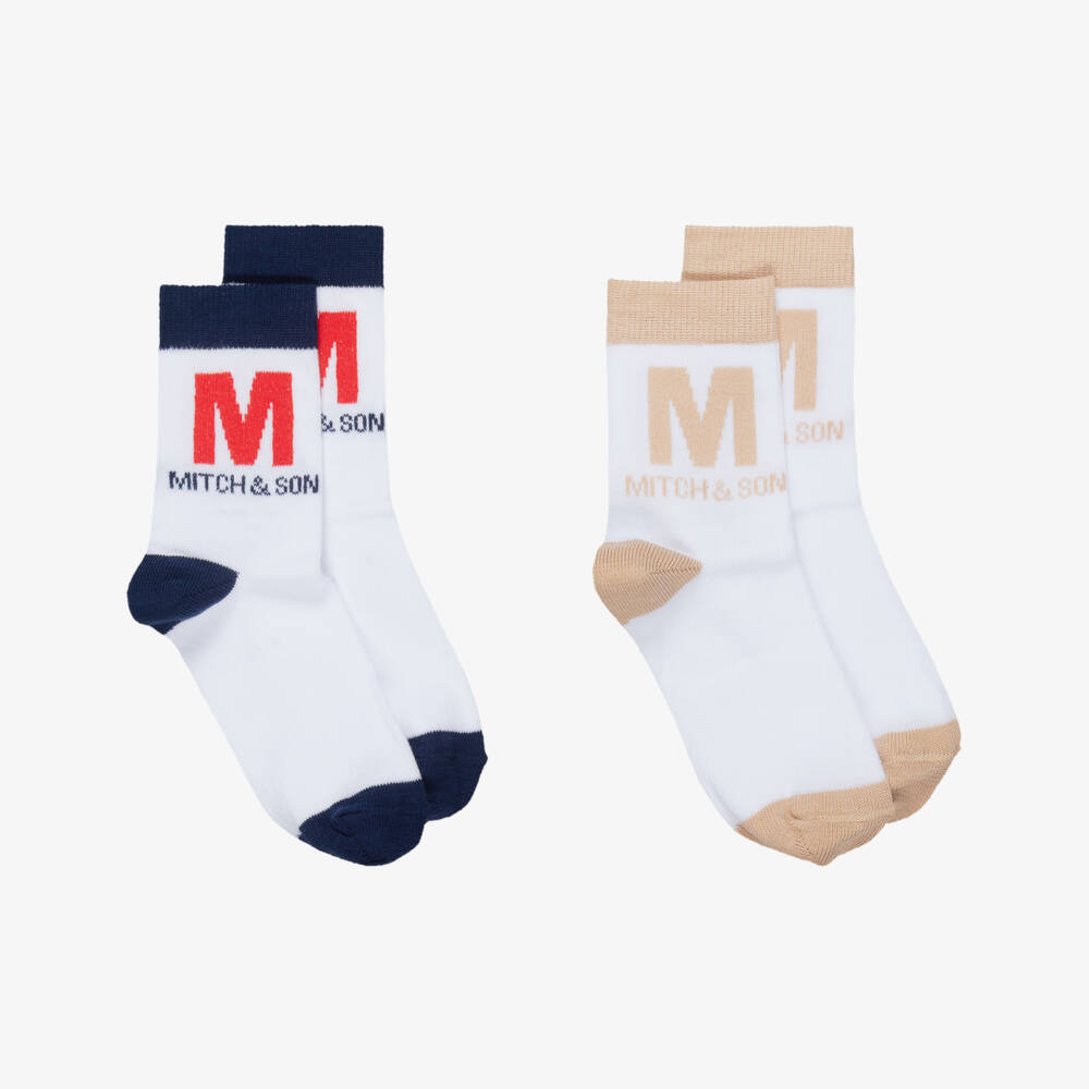 Mitch & Son-Boys White Cotton Logo Socks (2 Pack) | Childrensalon