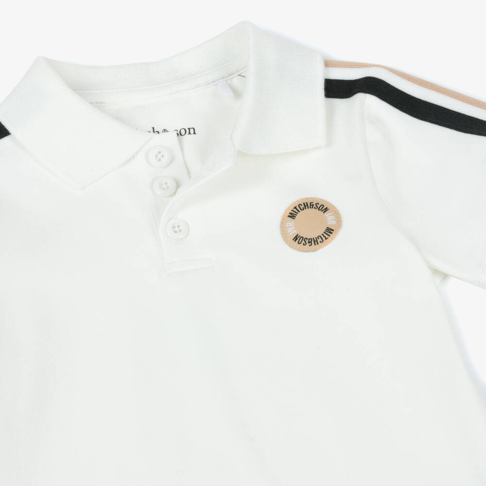 Mitch & Son-Boys White Cotton Striped Trim Polo Shirt | Childrensalon
