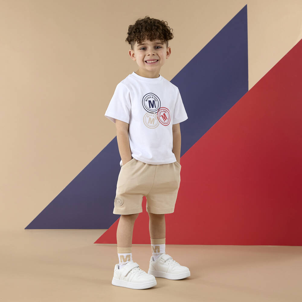 Mitch & Son-Boys White Cotton T-Shirt & Beige Shorts Set | Childrensalon