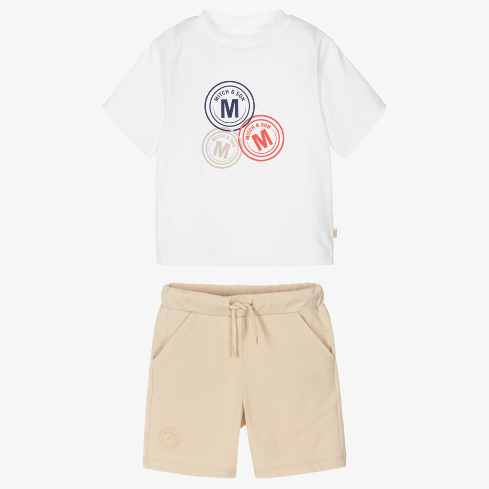 Mitch & Son-Boys White Cotton T-Shirt & Beige Shorts Set | Childrensalon