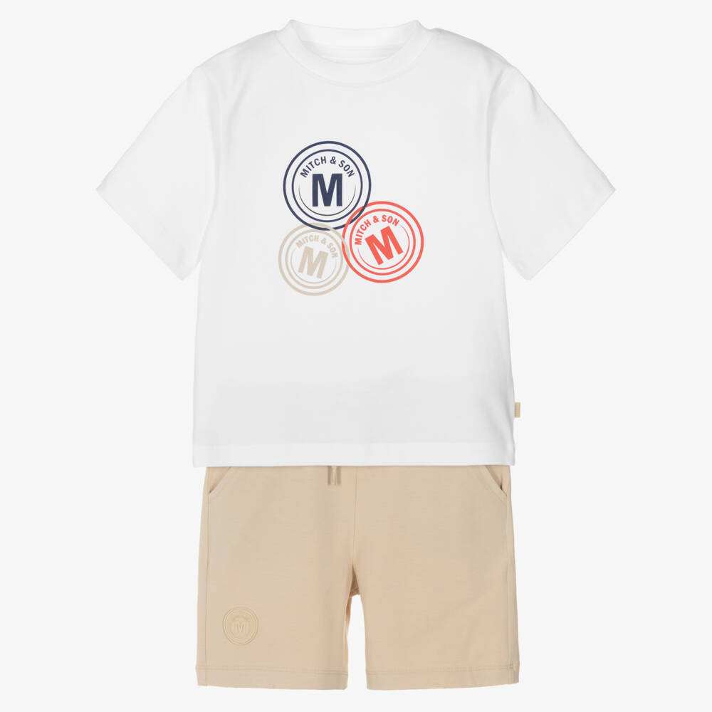 Mitch & Son-Boys White Cotton T-Shirt & Beige Shorts Set | Childrensalon
