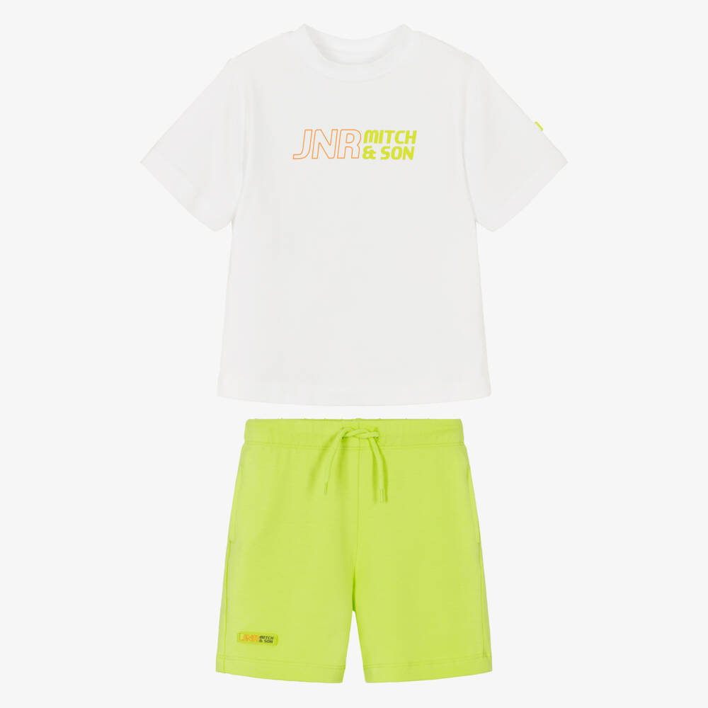 Mitch & Son-Boys White Cotton T-Shirt & Green Shorts Set | Childrensalon