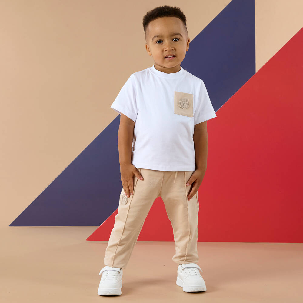 Mitch & Son-Футболка белая из хлопка с бежевым карманом для мальчиков | Childrensalon