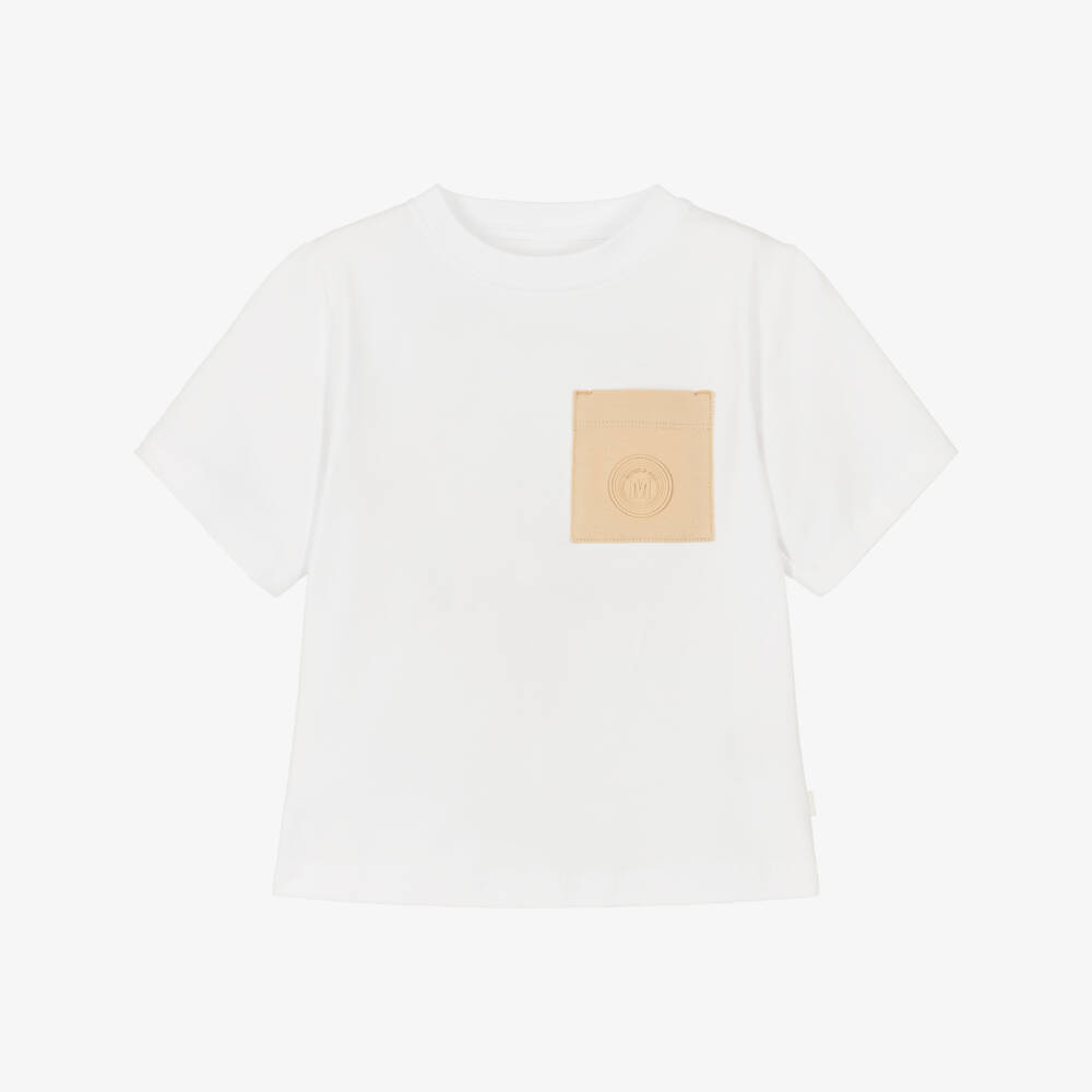 Mitch & Son-Boys White Cotton T-Shirt with Beige Pocket | Childrensalon