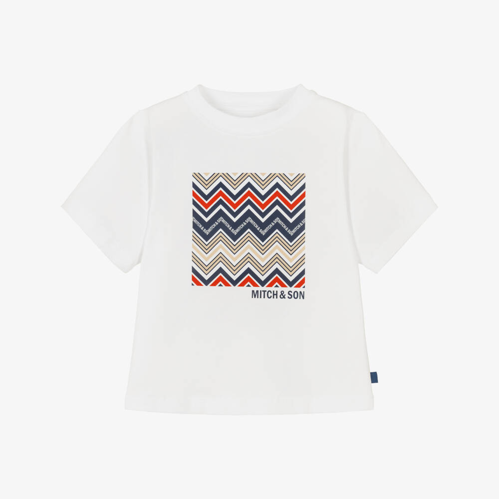 Mitch & Son-Boys White Cotton Zigzag Print T-Shirt | Childrensalon