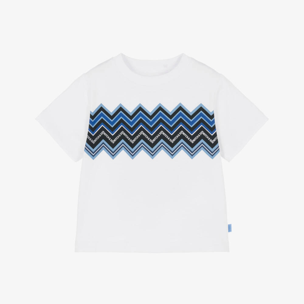 Mitch & Son-Boys White T-Shirt with Zigzag Print | Childrensalon