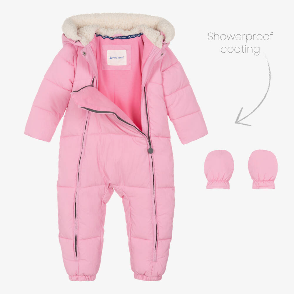 Mitty James-Baby Girls Pink Puffer Snowsuit | Childrensalon