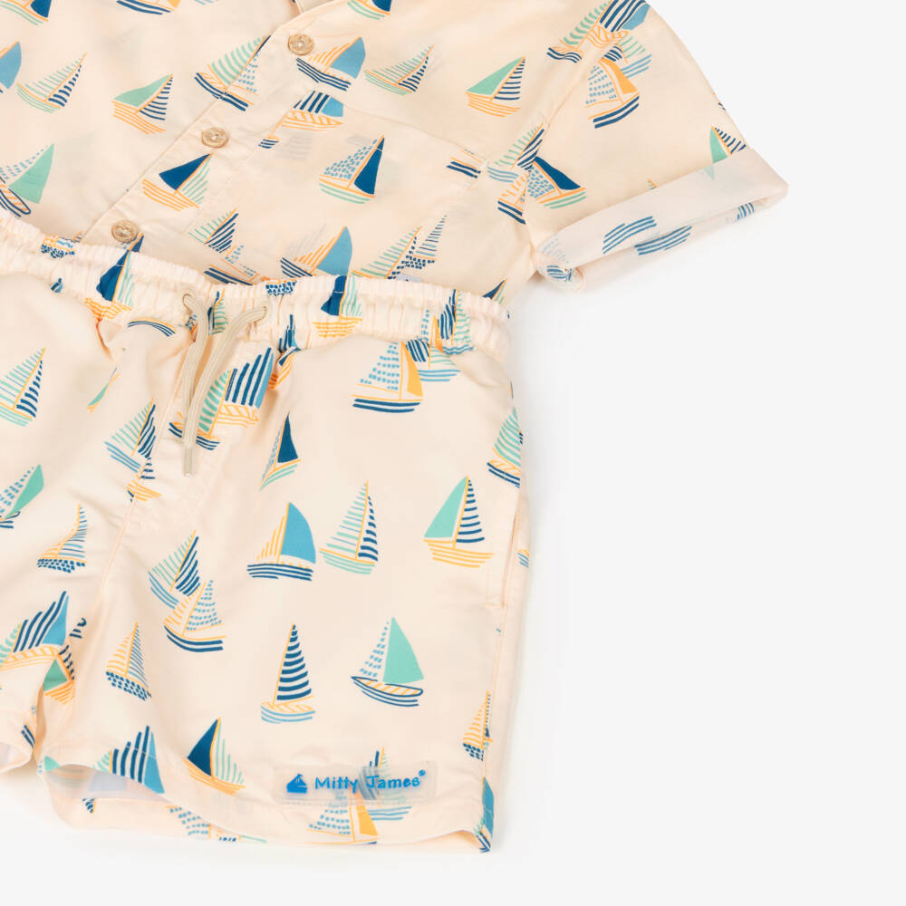 Mitty James-Boys Beige Sail Boat Print Shirt & Swim Shorts Set | Childrensalon