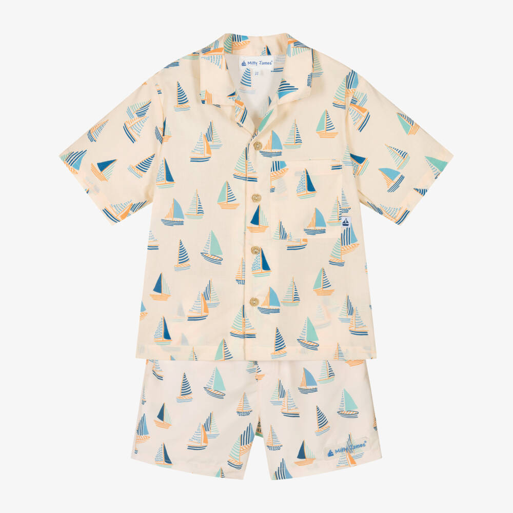 Mitty James-طقم قميص وشورت سباحة بطبعة قارب لون بيج للأولاد | Childrensalon
