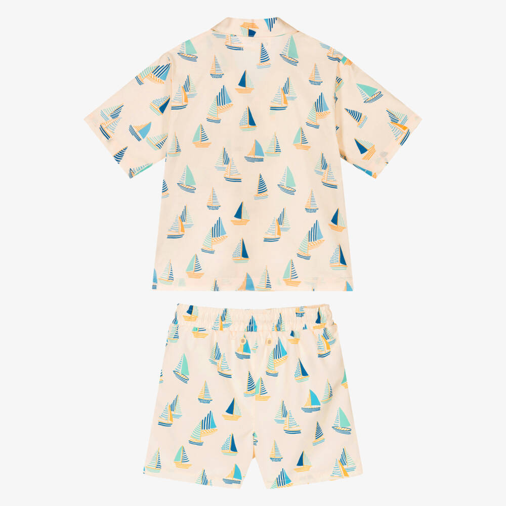 Mitty James-Boys Beige Sail Boat Print Shirt & Swim Shorts Set | Childrensalon
