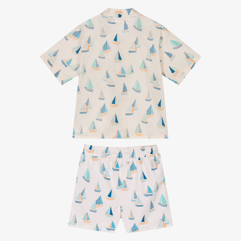 Mitty James-طقم قميص وشورت سباحة بطبعة قارب لون بيج للأولاد | Childrensalon