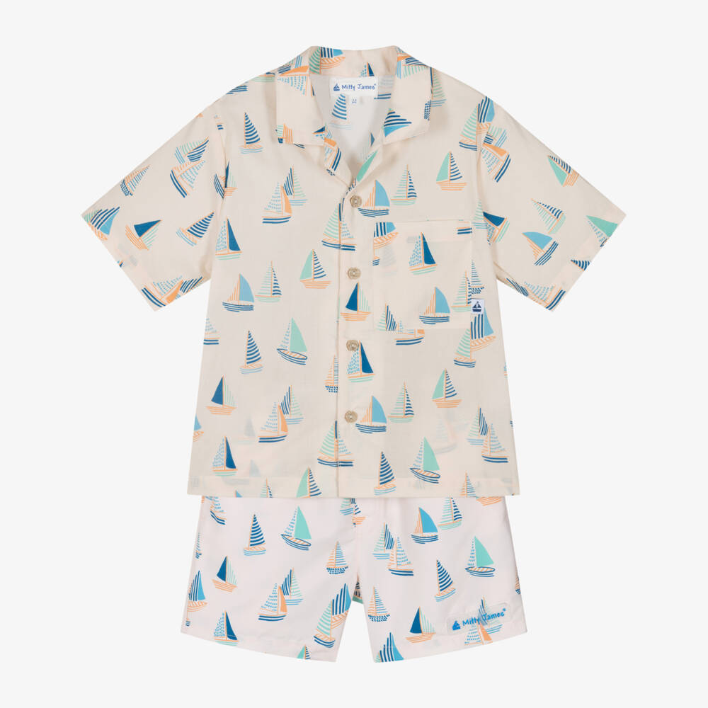 Mitty James-طقم قميص وشورت سباحة بطبعة قارب لون بيج للأولاد | Childrensalon