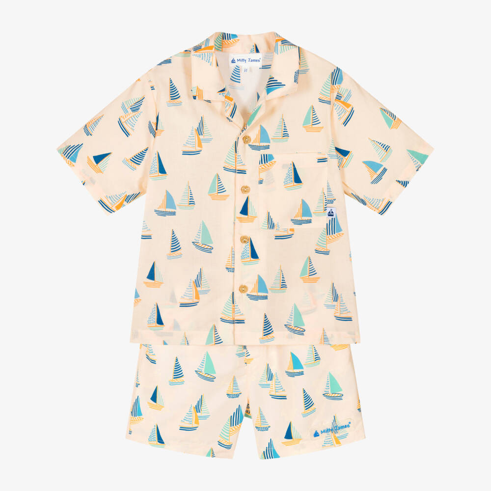 Mitty James-Boys Beige Sail Boat Print Shirt & Swim Shorts Set | Childrensalon