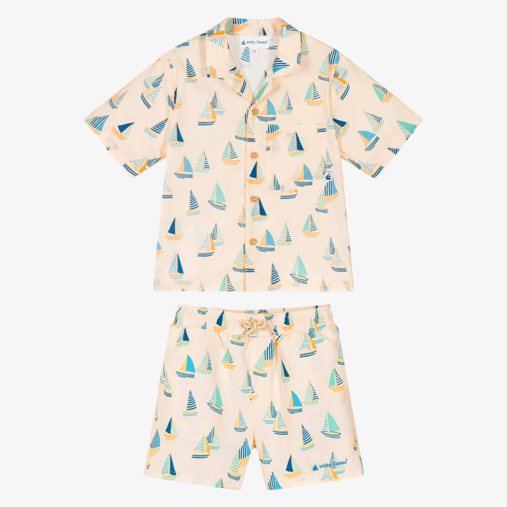 Mitty James-Boys Beige Sail Boat Print Shirt & Swim Shorts Set | Childrensalon
