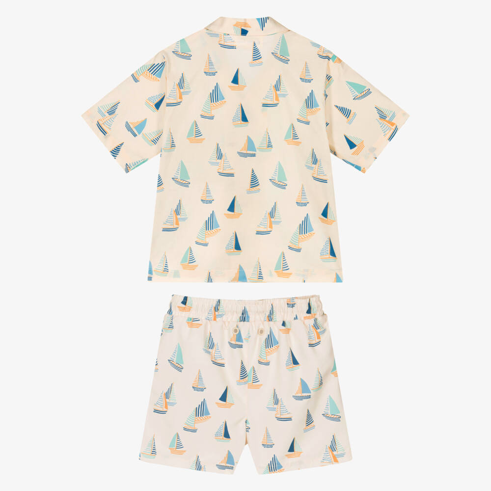 Mitty James-طقم قميص وشورت سباحة بطبعة قارب لون بيج للأولاد | Childrensalon