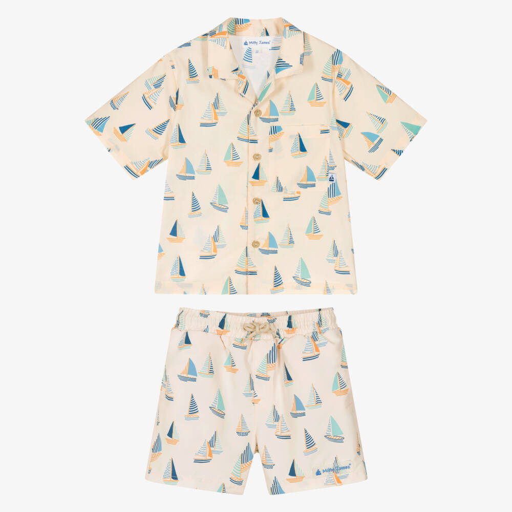 Mitty James-طقم قميص وشورت سباحة بطبعة قارب لون بيج للأولاد | Childrensalon