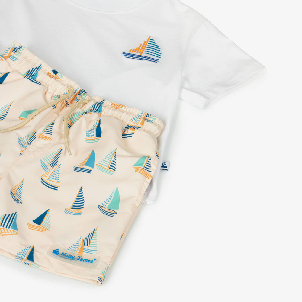 Mitty James-Boys Beige Sailboat Print Beach & Swim Set | Childrensalon