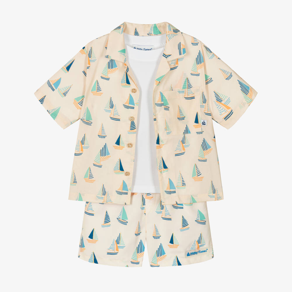 Mitty James-Boys Beige Sailboat Print Beach & Swim Set | Childrensalon