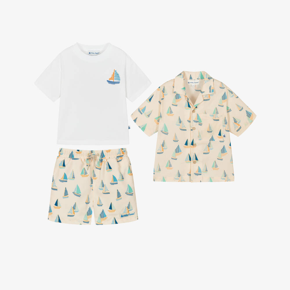 Mitty James-Boys Beige Sailboat Print Beach & Swim Set | Childrensalon
