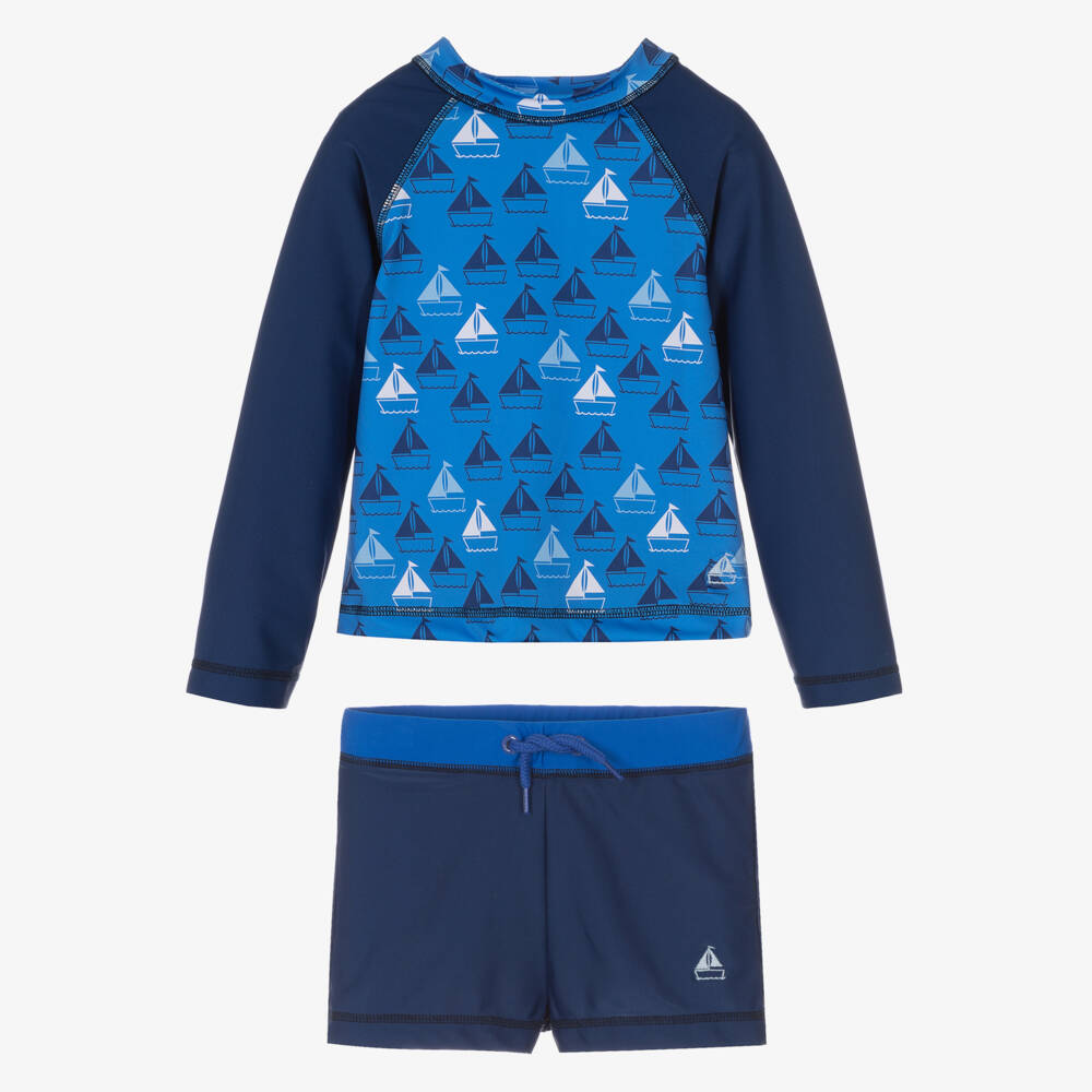 Mitty James-طقم سباحة بشعار قارب لون أزرق للأولاد (UPF 50+) | Childrensalon