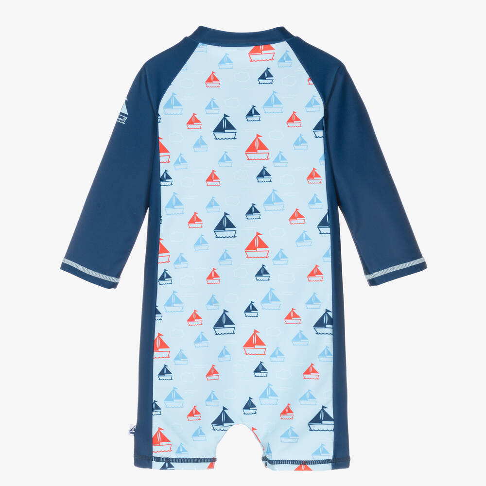 Mitty James-بدلة واقية من الشمس بطبعة قوارب لون أزرق للأولاد (+UPF50) | Childrensalon