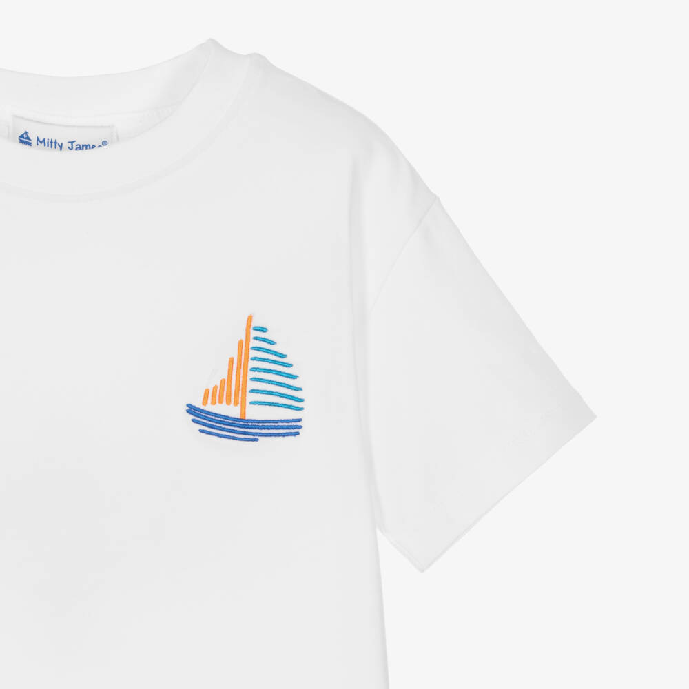 Mitty James-Boys White Cotton T-Shirt with Embroidered Boat Motif | Childrensalon