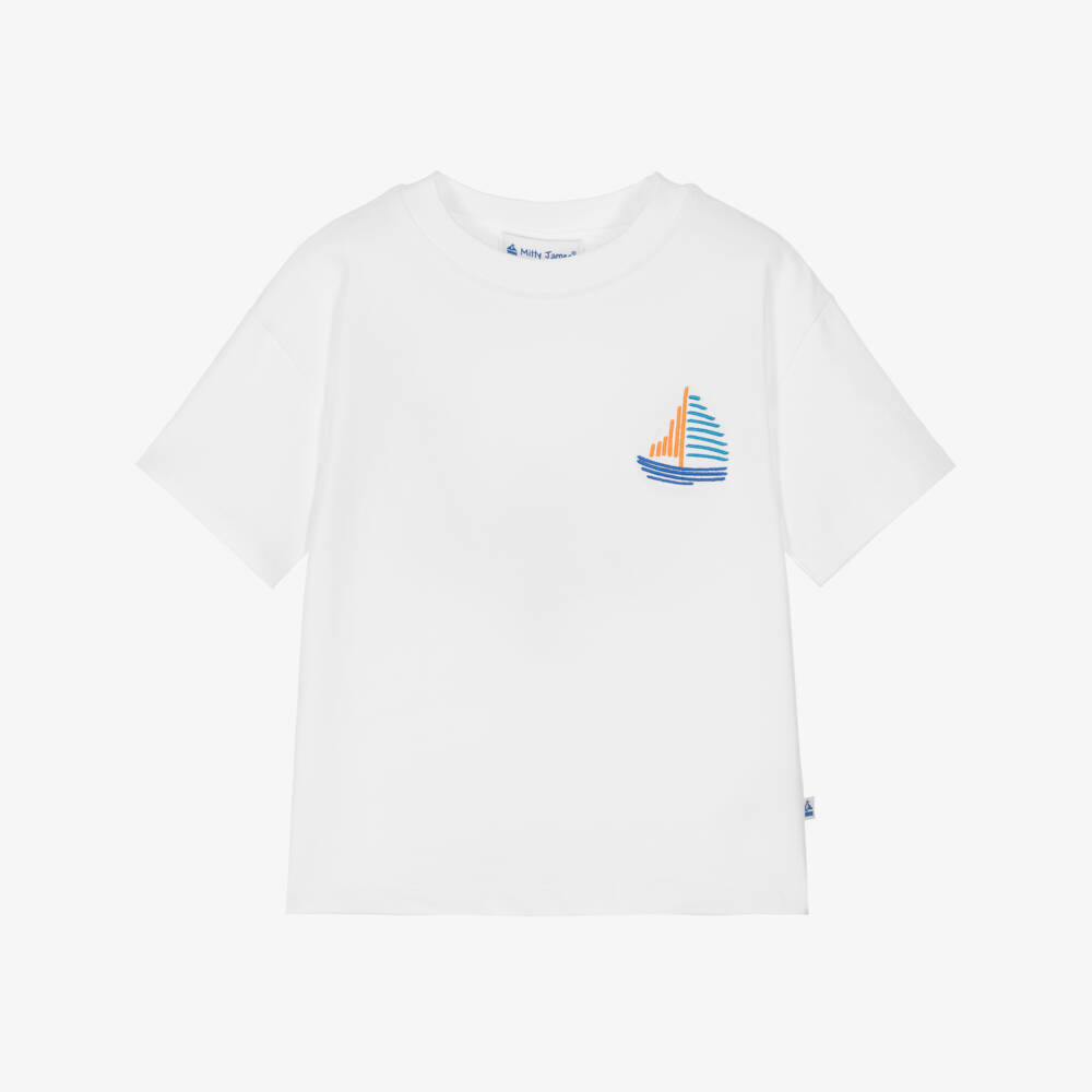 Mitty James-Boys White Cotton T-Shirt with Embroidered Boat Motif | Childrensalon