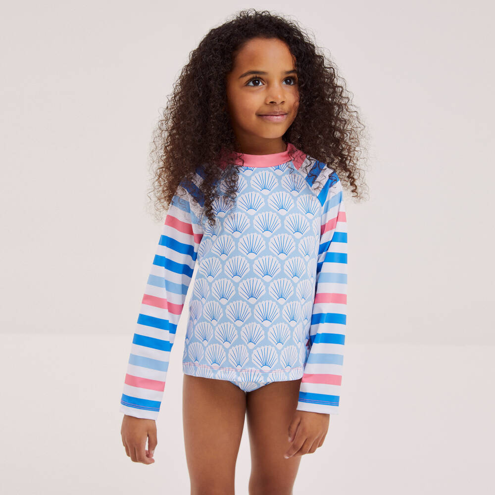 Mitty James-Girls Blue Shell & Stripe Tankini (UPF 50+) | Childrensalon