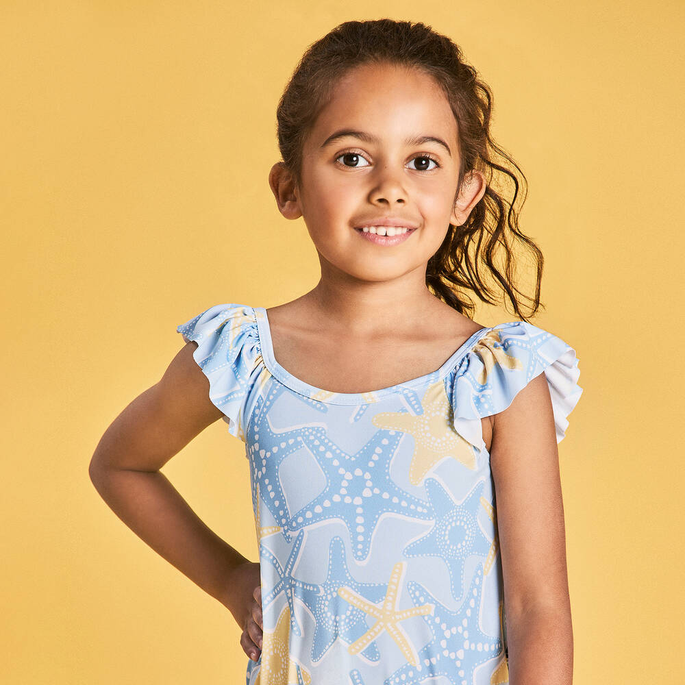 Mitty James-Girls Blue Starfish Swimsuit (UPF50+) | Childrensalon