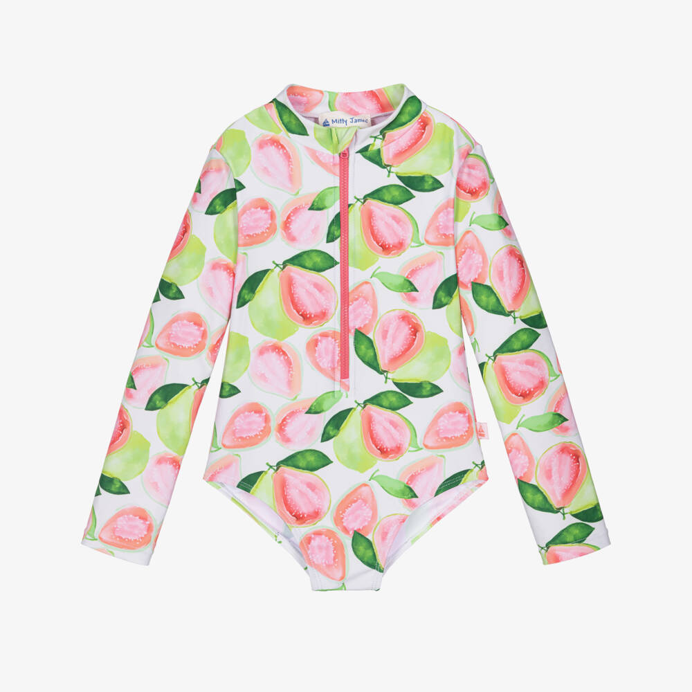 Mitty James-Girls Green & Pink Guava Print Long Sleeve Swimsuit (UPF50+) | Childrensalon