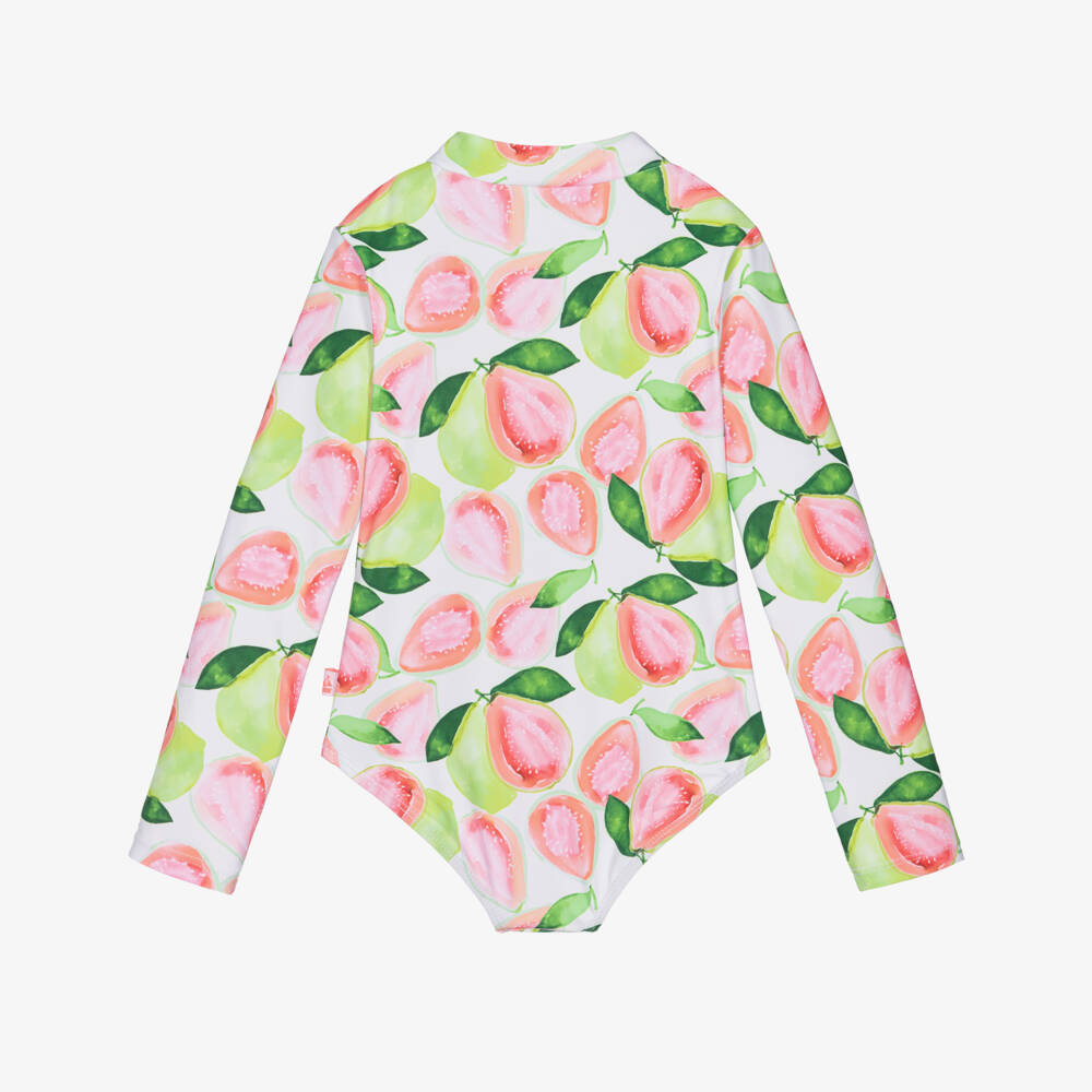 Mitty James-Girls Green & Pink Guava Print Long Sleeve Swimsuit (UPF50+) | Childrensalon