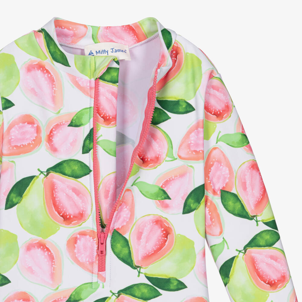 Mitty James-Girls Green & Pink Guava Print Long Sleeve Swimsuit (UPF50+) | Childrensalon